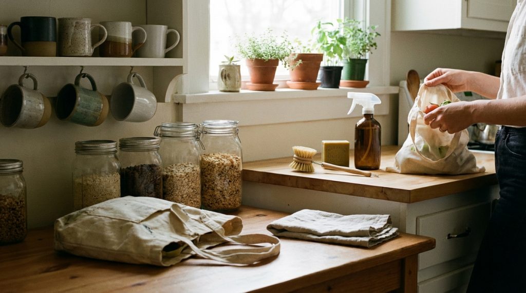 Reusable jars and bags in a kitchen