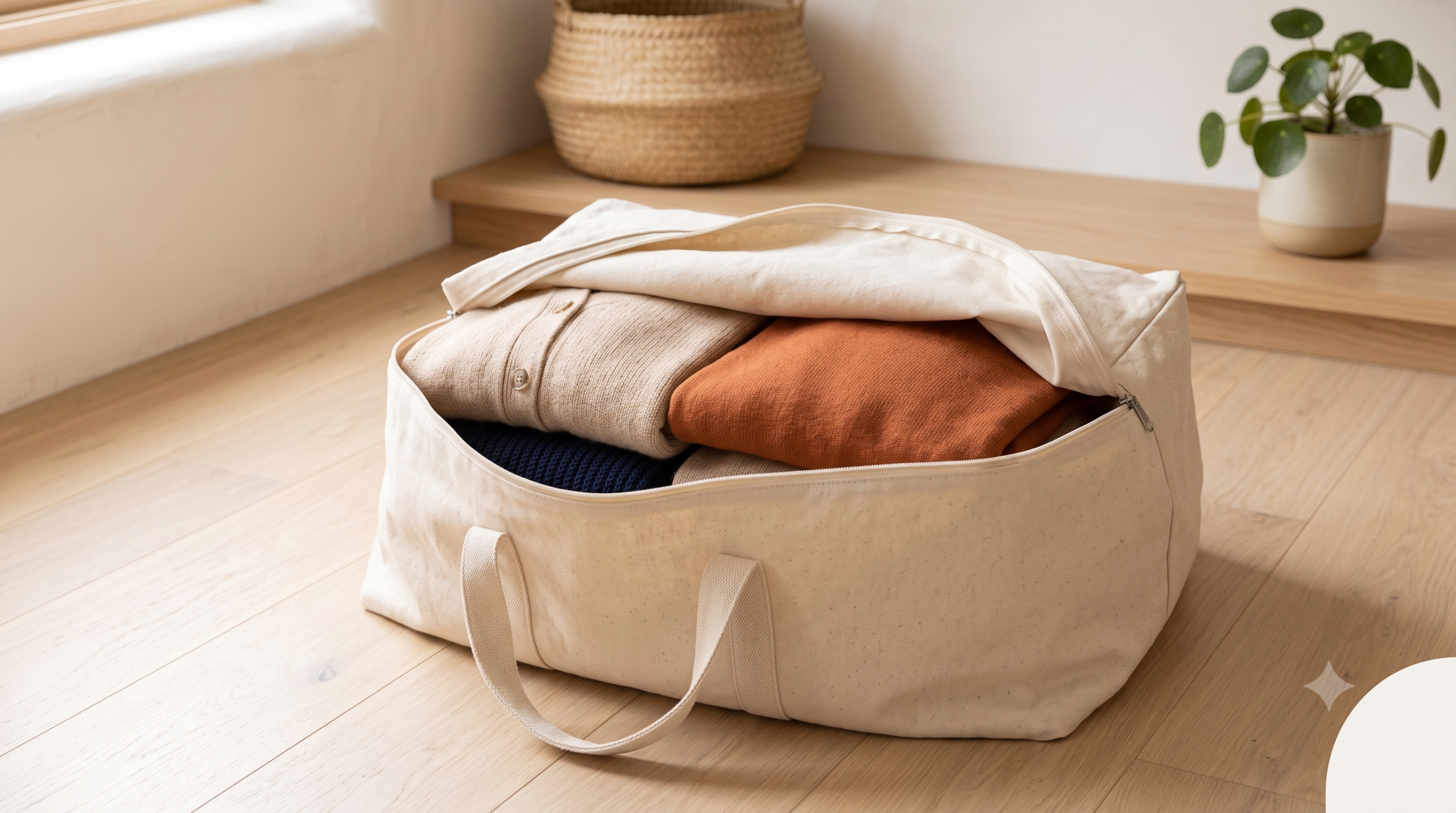 A natural canvas storage bag used for donating clothes no longer in rotation