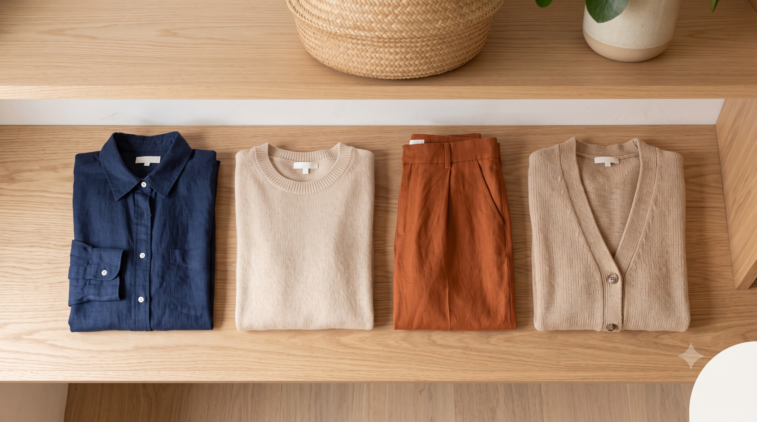 Coordinating capsule wardrobe pieces laid out to show mix-and-match outfits