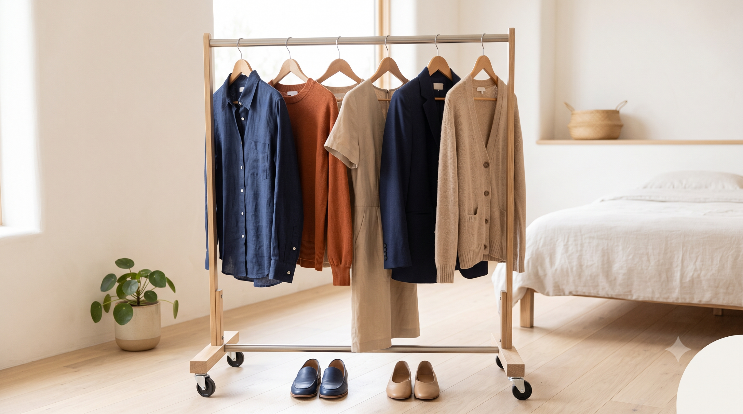 A curated capsule wardrobe collection on a rolling clothing rack with shoes