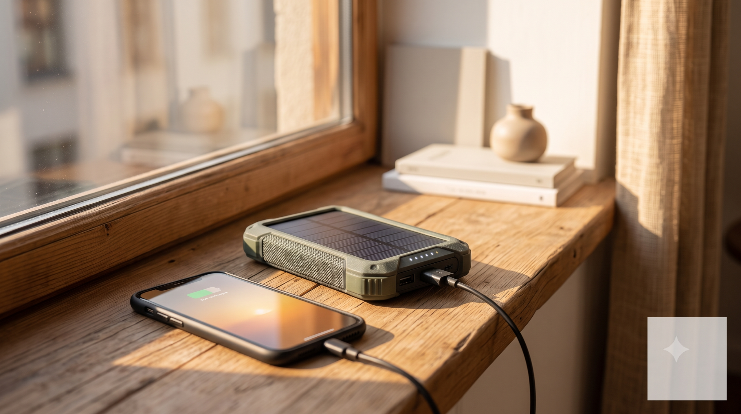 A solar power bank charging a phone on a sunny windowsill