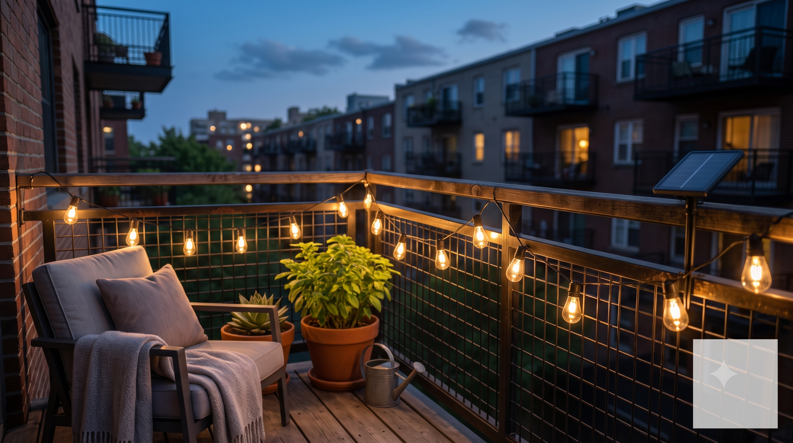 Solar string lights glowing on a balcony railing at dusk