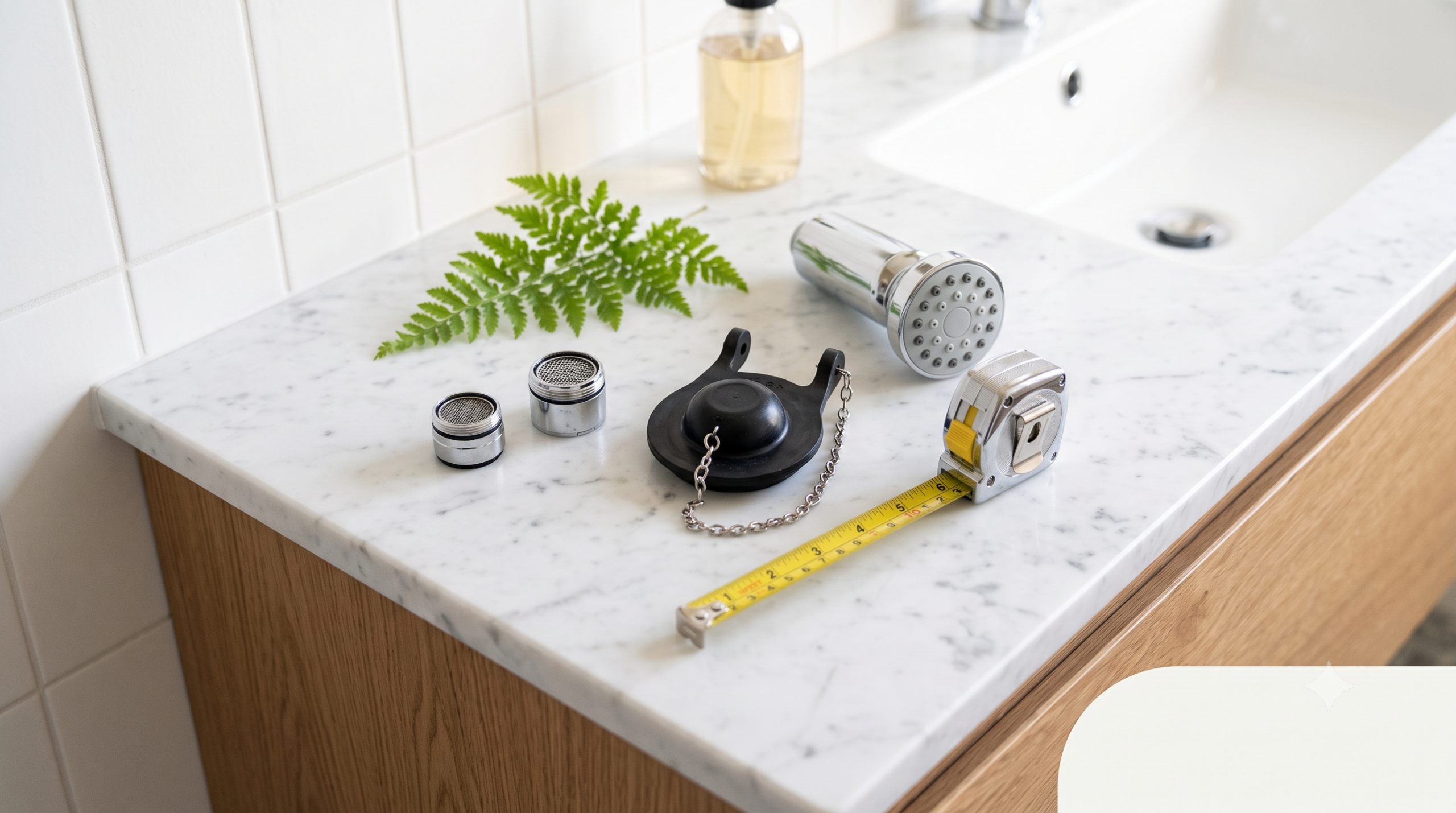 Cheap water-saving fixes: faucet aerators, a flapper valve, and a low-flow showerhead