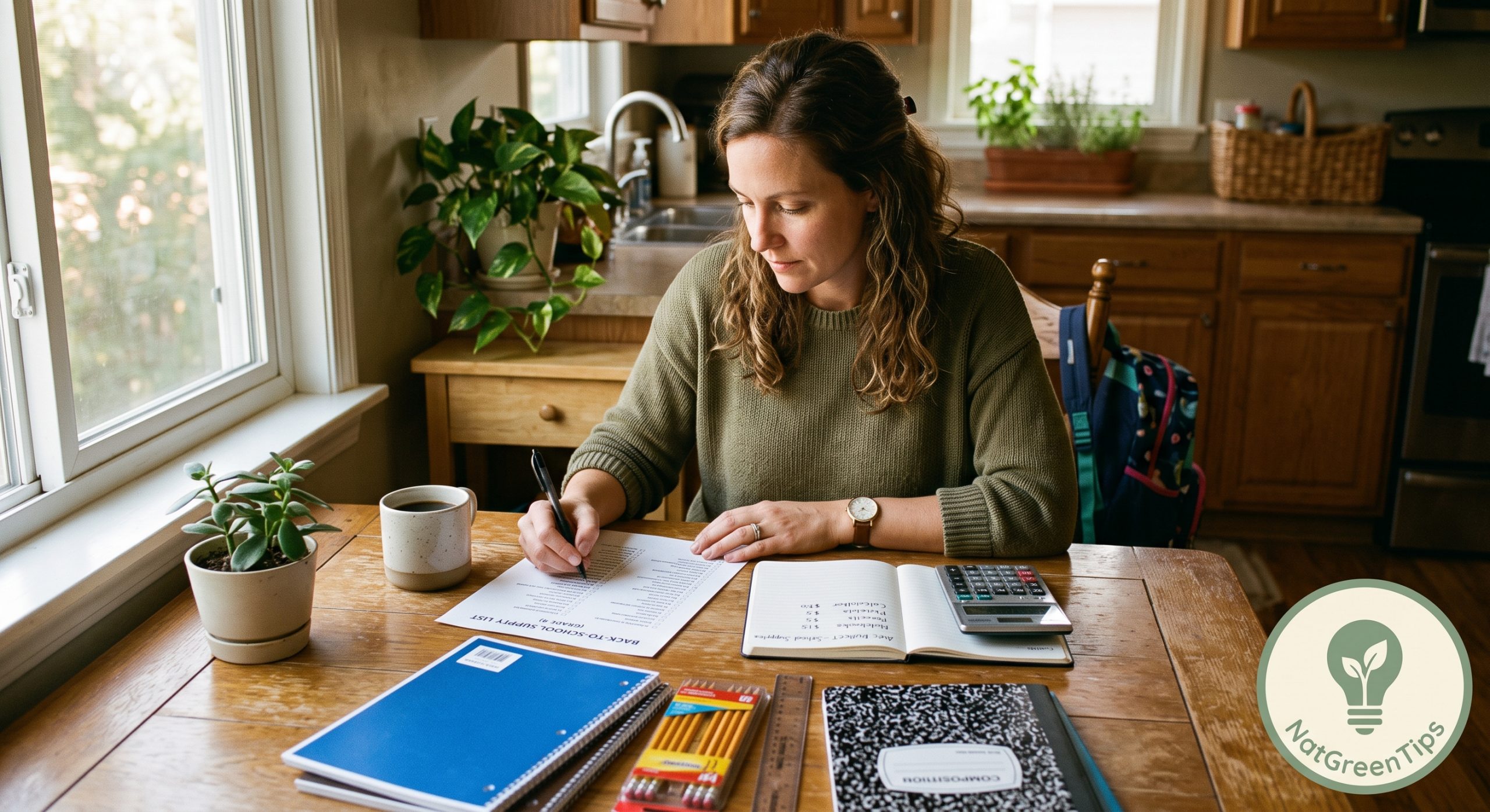 A parent checking a back-to-school supply list against a laid-out budget at home