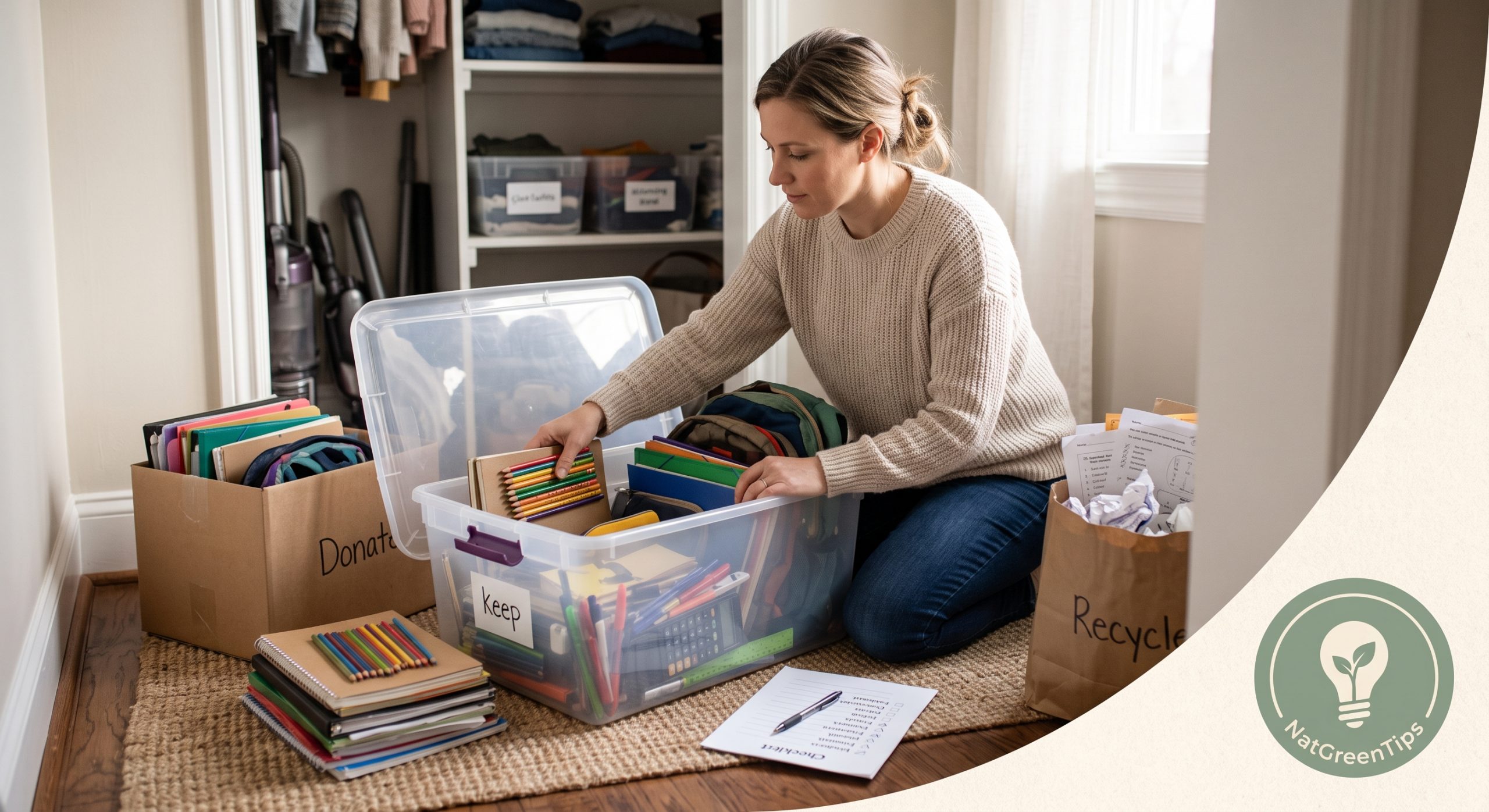 A parent sorting a home supply bin into keep, donate, and recycle piles before back-to-school shopping