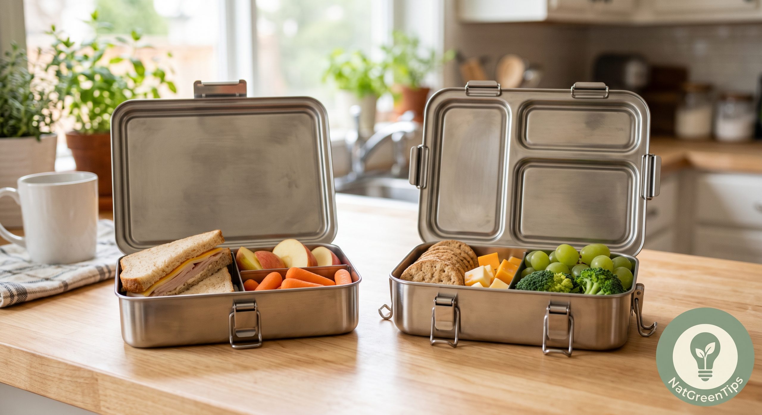 A Bentgo-style and a Planetbox-style stainless steel lunch box side by side for comparison