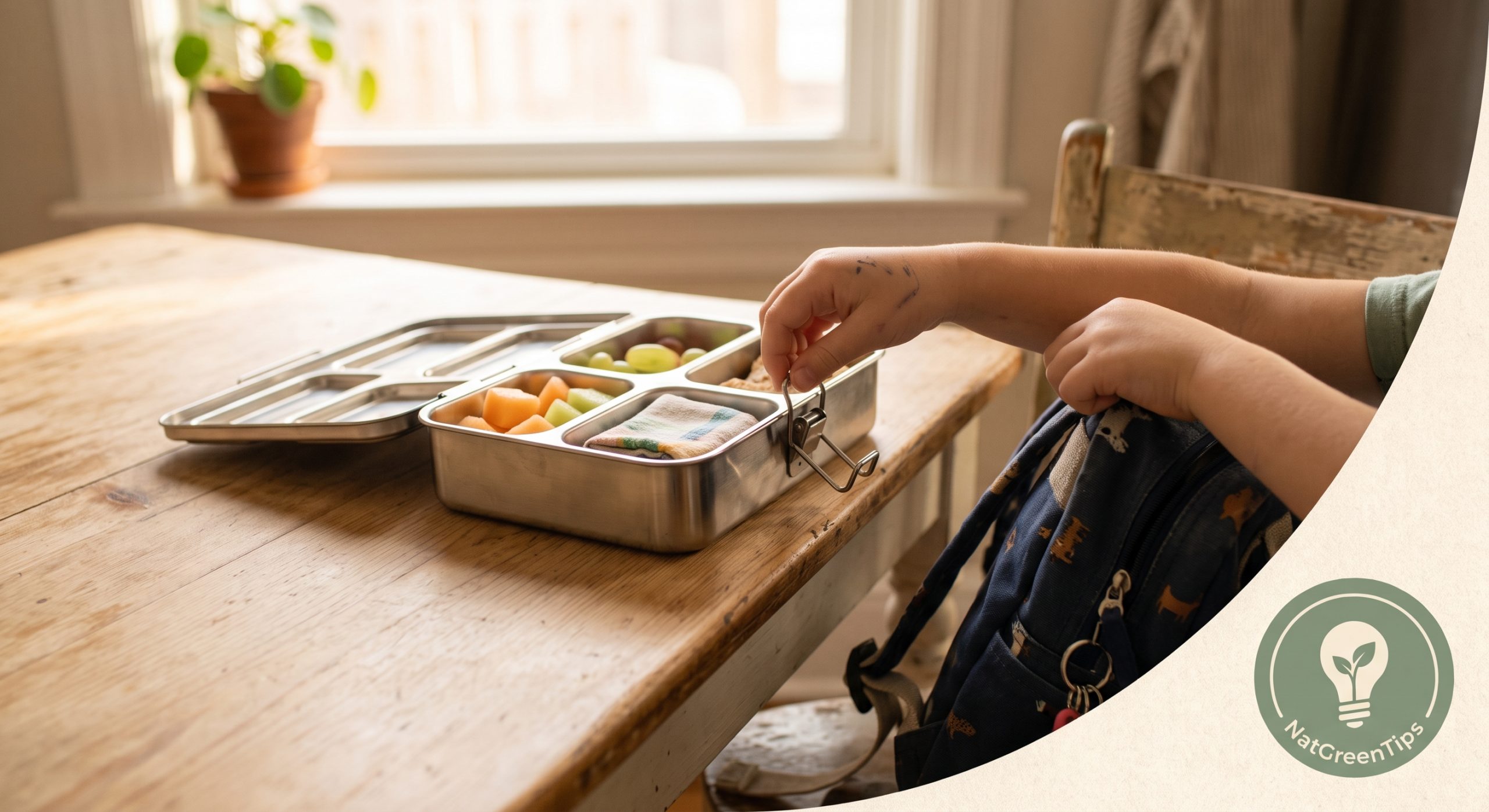 A child independently opening the clip closures on a stainless steel lunch box at the kitchen table