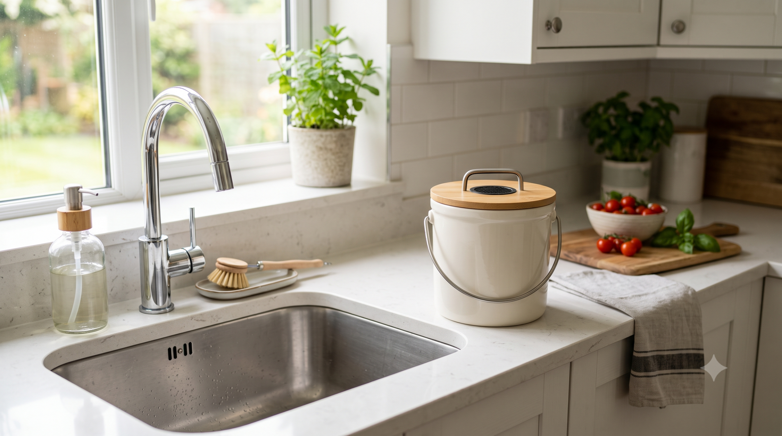 A small countertop compost bin on a kitchen counter