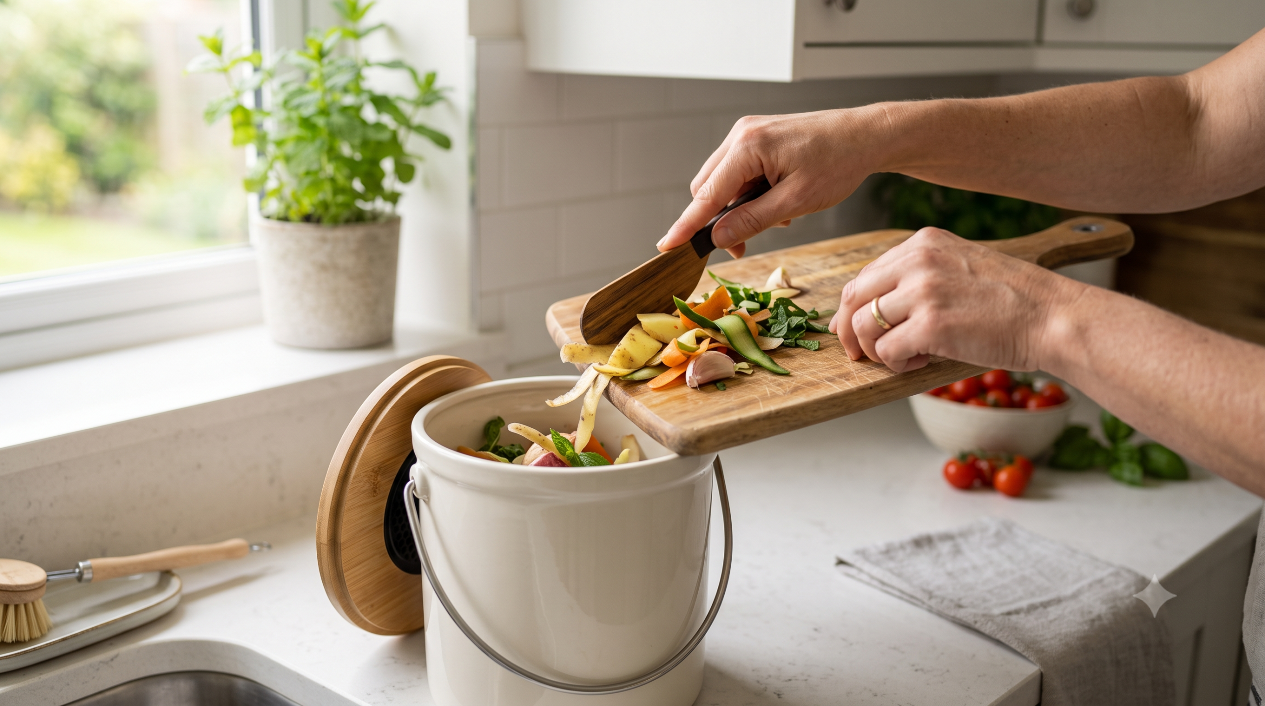 Hands scraping vegetable peels into a compost bin in a kitchen