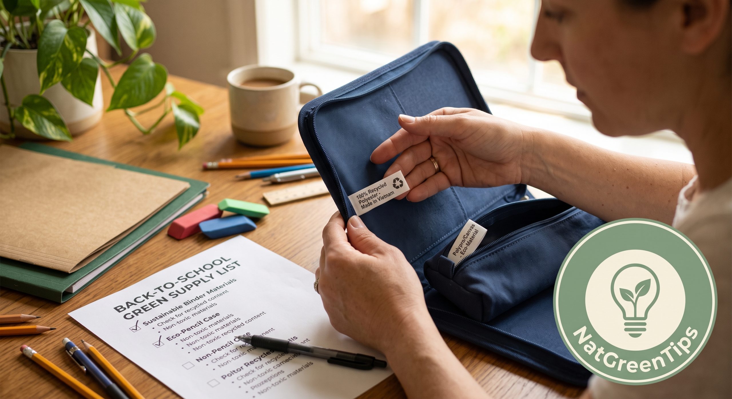 A parent checking the material label on a school binder and pencil case for PVC-free wording