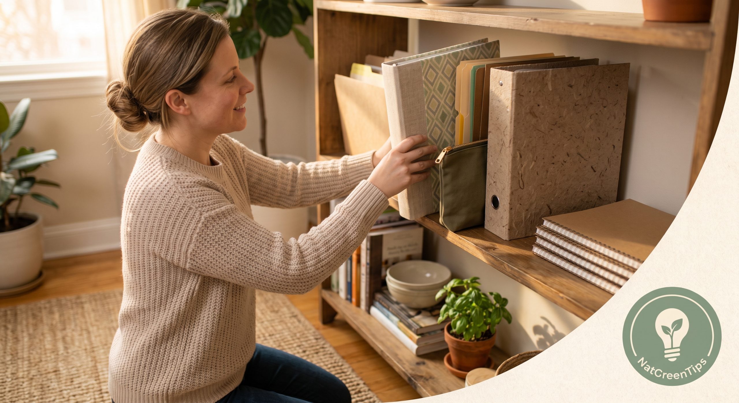 Fabric-covered and recycled-paperboard binder alternatives to vinyl school supplies on a shelf