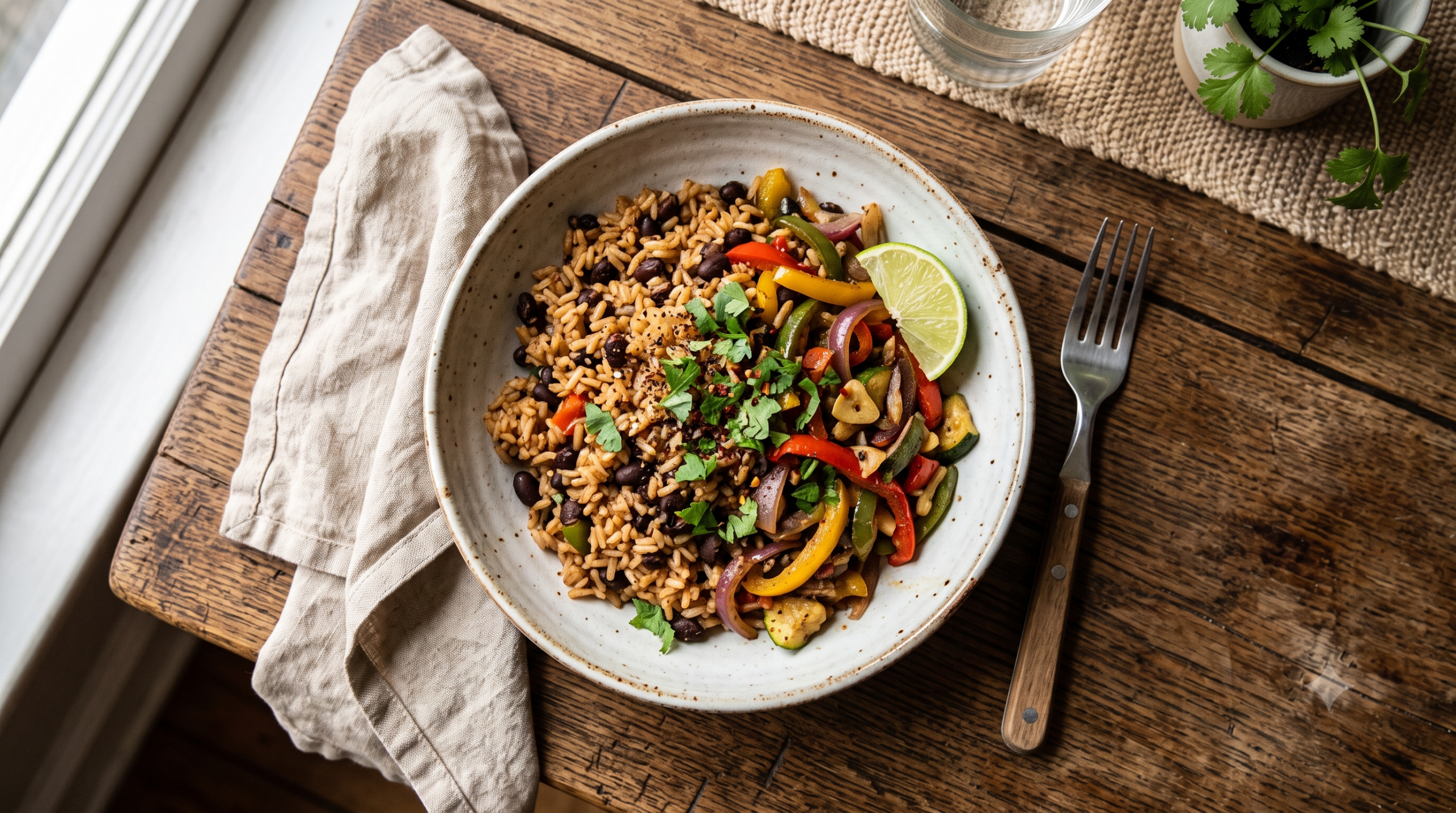 A homemade bowl of rice and beans with sauteed vegetables on a rustic wood table