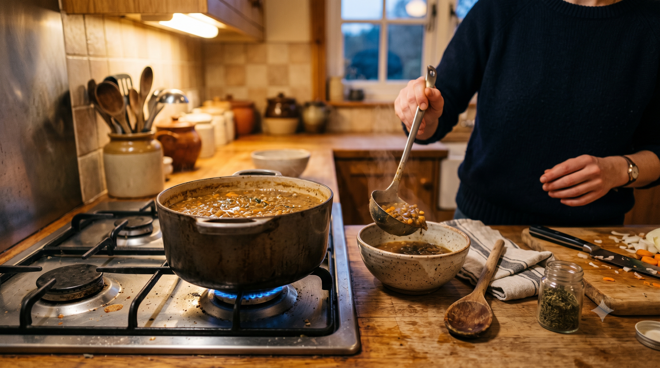 A pot of lentil soup being ladled into a bowl on a kitchen counter