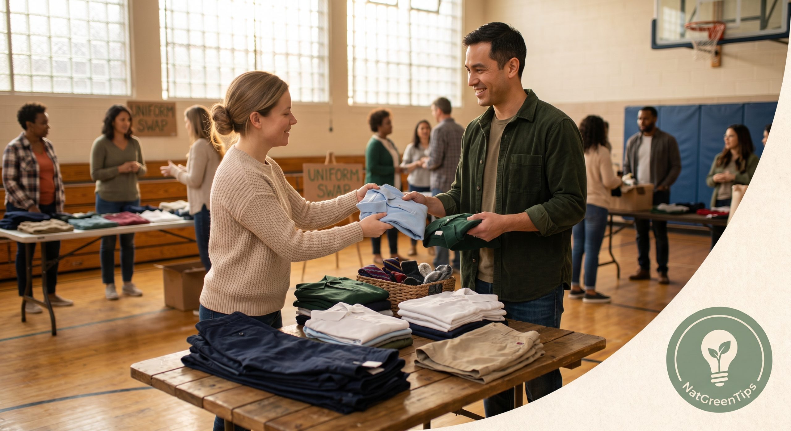 Two parents exchanging secondhand school uniform pieces at a swap table