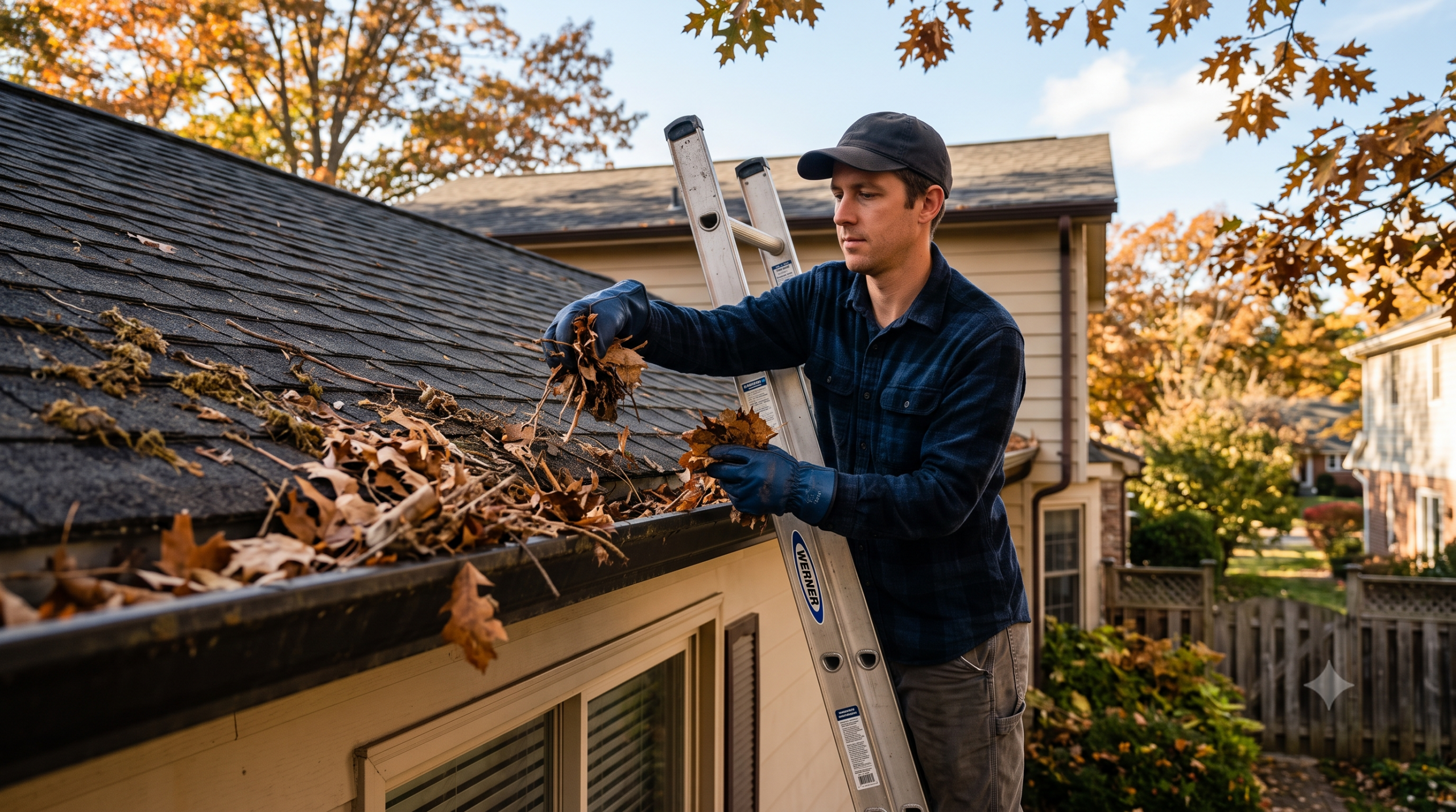 Clearing dry leaves and debris out of a home's gutter