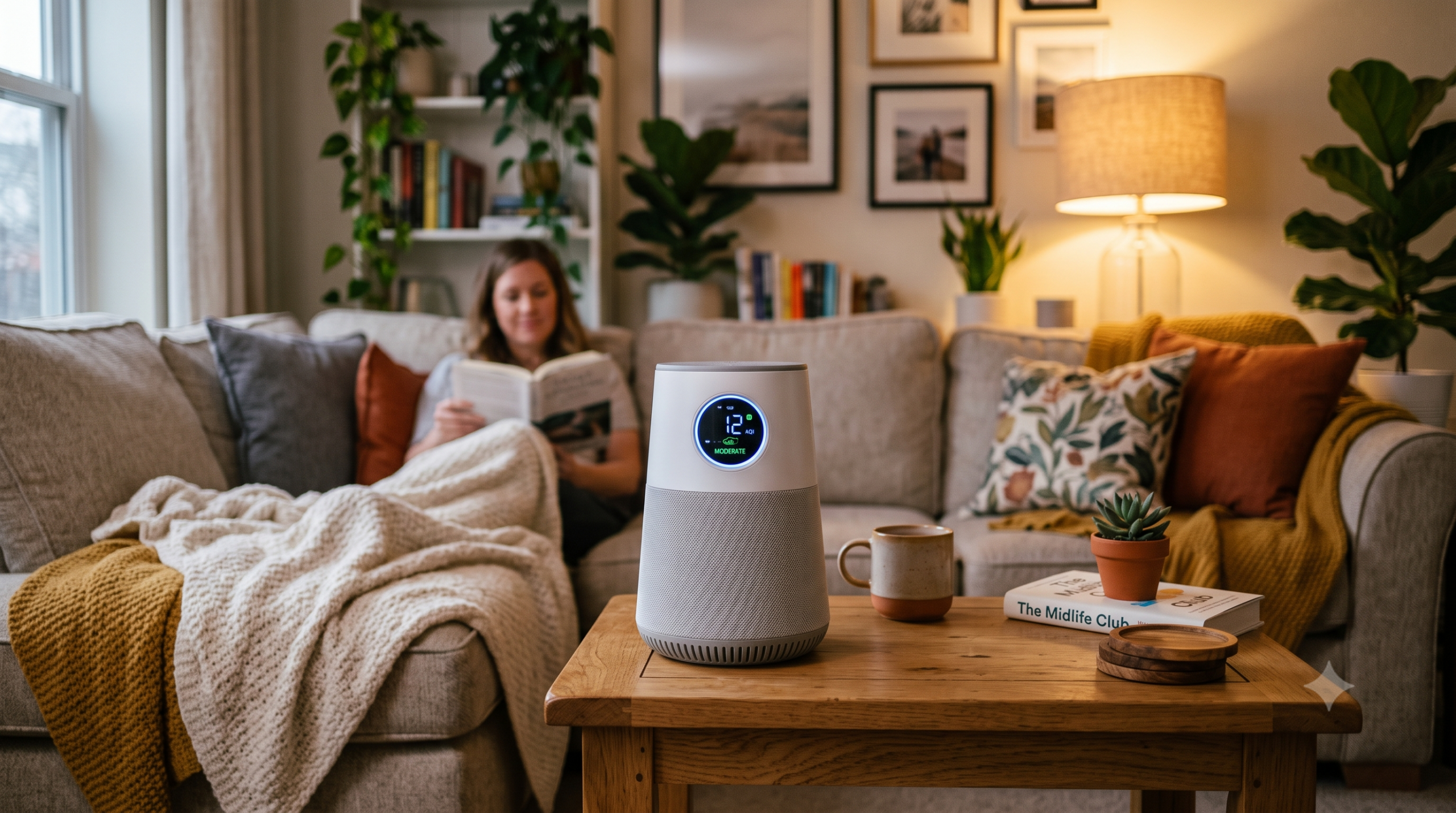 A small HEPA air purifier with an air quality display running in a living room